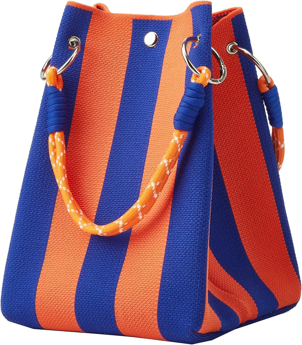 Korean Style Mini Knit Tote Bag Women Striped Crochet Bucket Handbag Lightweight Summer Daily Shoulder Purse For Vacation