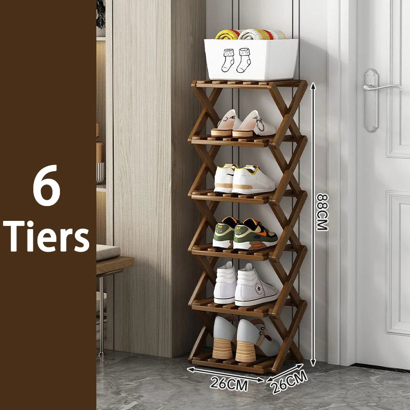 2-9 Tiers Bamboo Shoe Rack Without Installation Small Shoe Rack, Foldable Shoe Storage Rack, Shoe Organizer for Entryway
