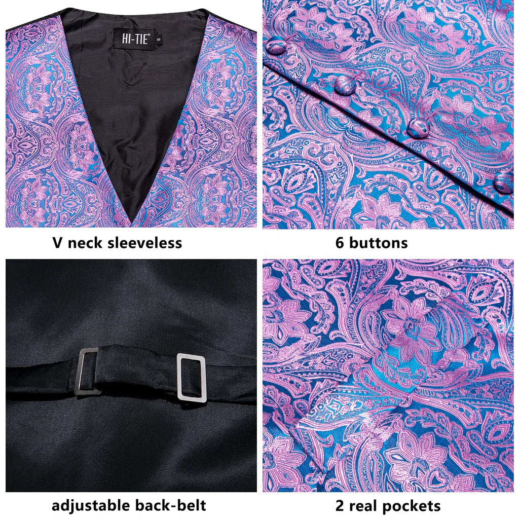 Wedding Purple Men Vest Paisley Floral Necktie Handkerchief Cufflinks Sets Blue Green Red Male Sleeveless V-Neck Waistcoat Party