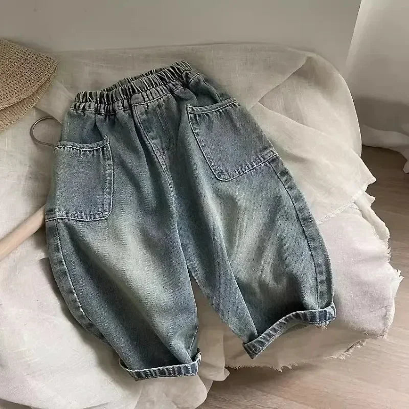 2025 Spring and Autumn New Kids pants Fashion solid color Children's straight jeans Boys loose casual denim Trousers