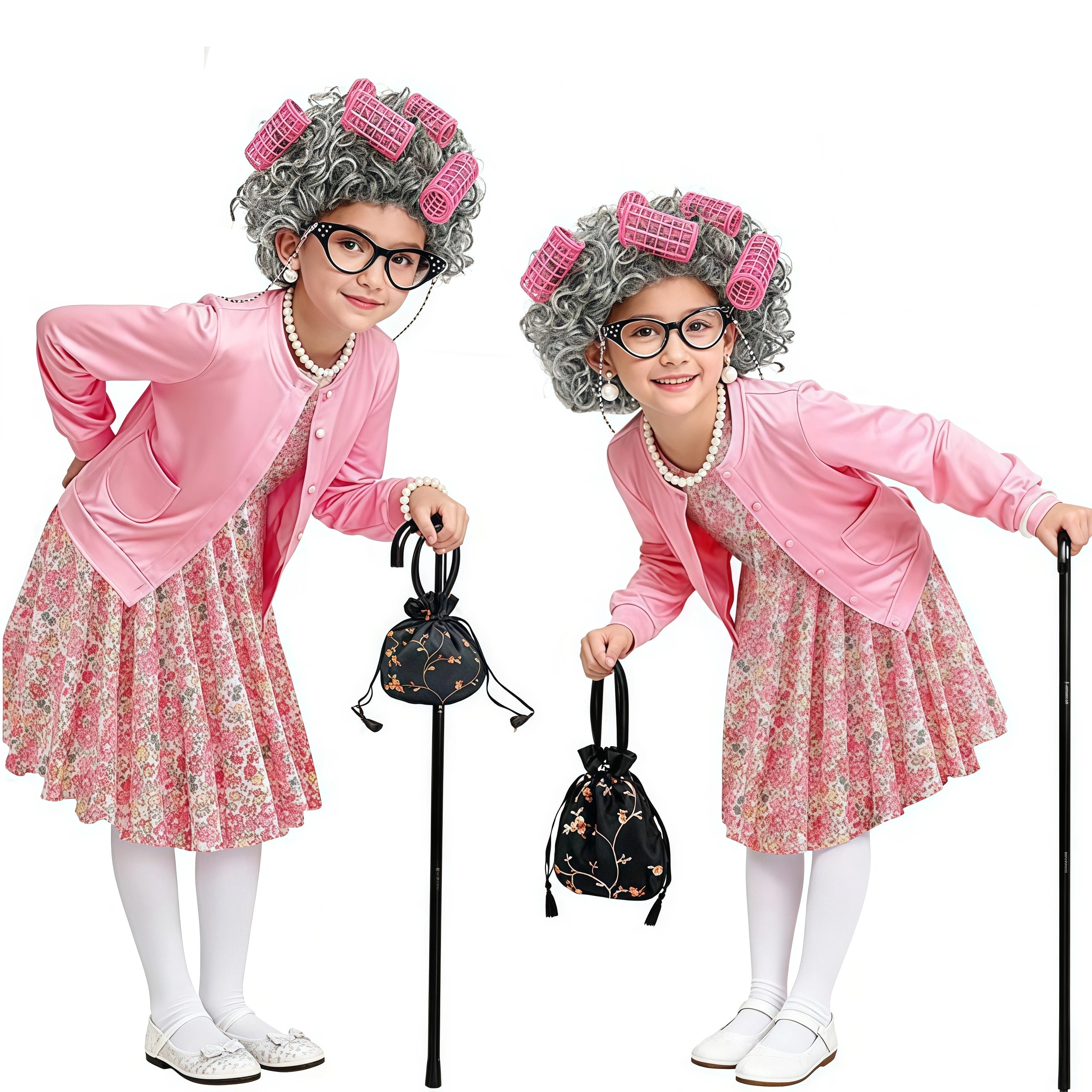 Girls 100th Day Of School Costume Old Lady Grandma Dress Up Accessories Set For Children Performance Halloween Carnival Roleplay