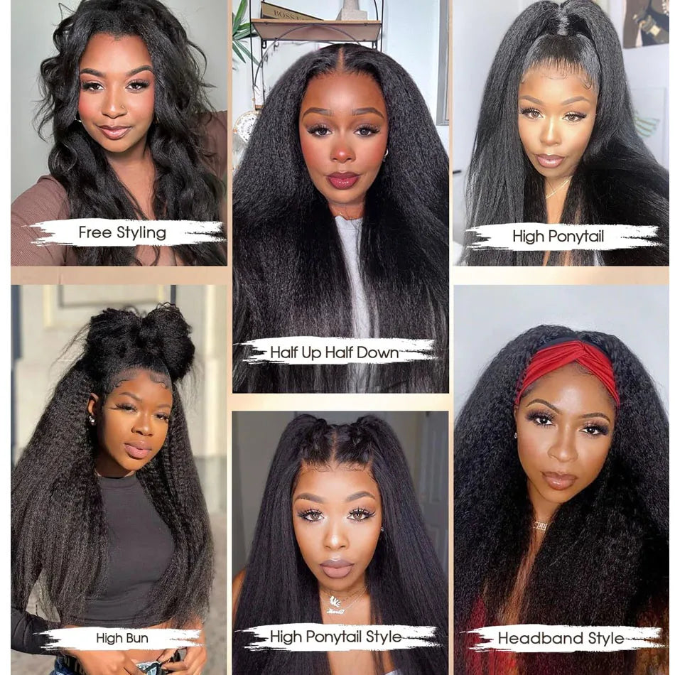 Kinky Straight Half Wig 3 In 1 Half Wig With Drawstring Flip Over Half Wig Yaki Straight Glueless Wigs Ready to Wear 250 Density