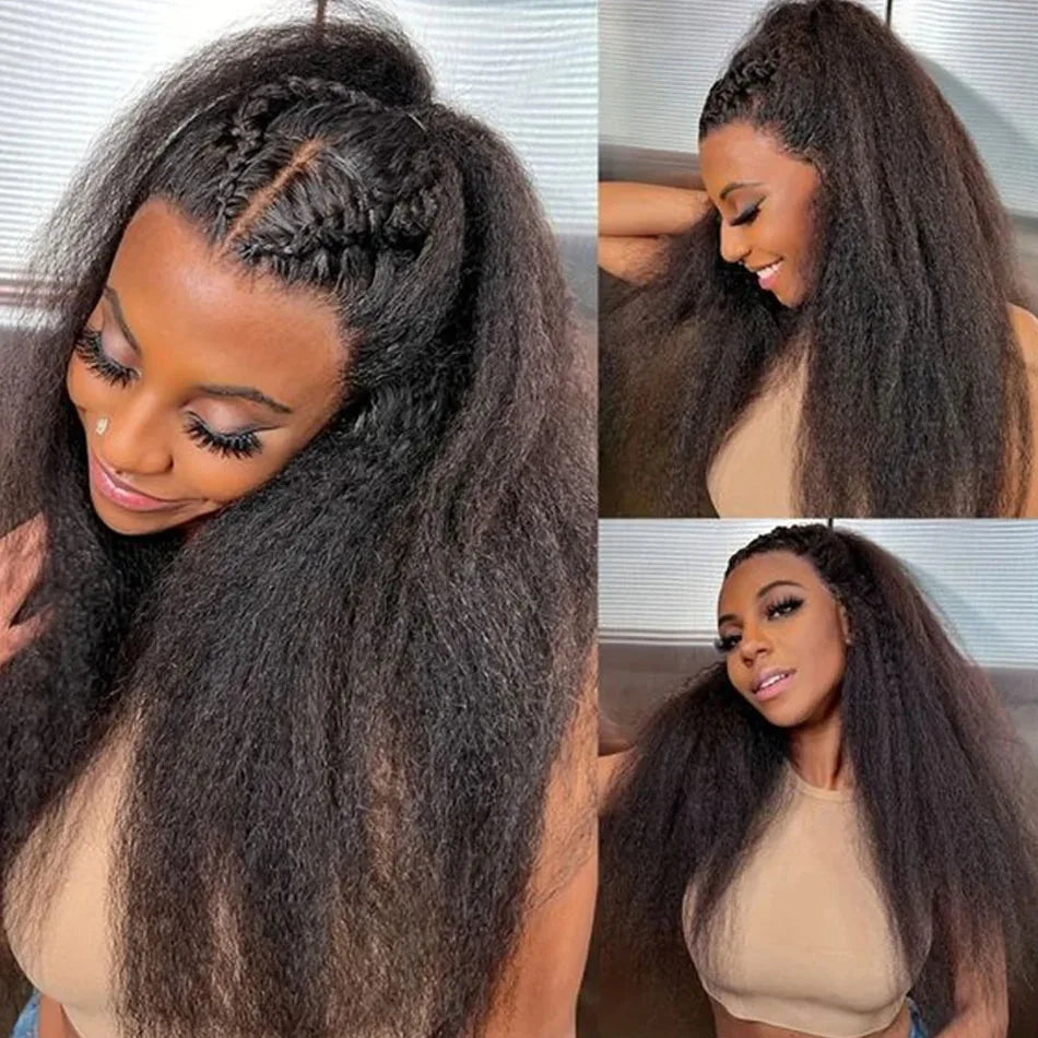Kinky Straight Half Wig 3 In 1 Half Wig With Drawstring Flip Over Half Wig Yaki Straight Glueless Wigs Ready to Wear 250 Density