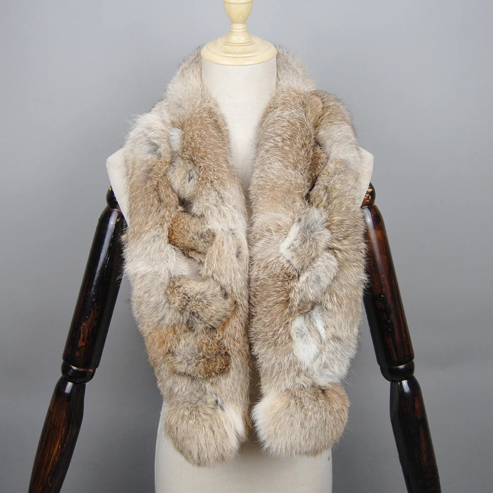 2026 New Arrival Winter Real Rabbit Fur Scarf Women Long Warm Genuine Rabbit Fur Scarves Female Knit Fluffy Pompoms Fur Scarves