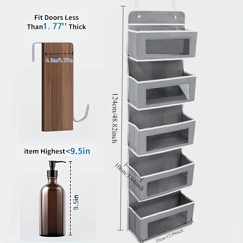 5-Shelf Hanging Storage Organizer - Behind Door Anti-Tilt 5 Large Capacity Pockets Suitable for Bedroom Bathroom