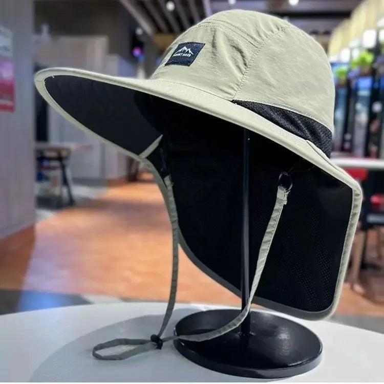 Outdoor Unisex Wide Brim Bucket Hat with Neck Flap Adjustable for Hiking Camping Fishing Wear