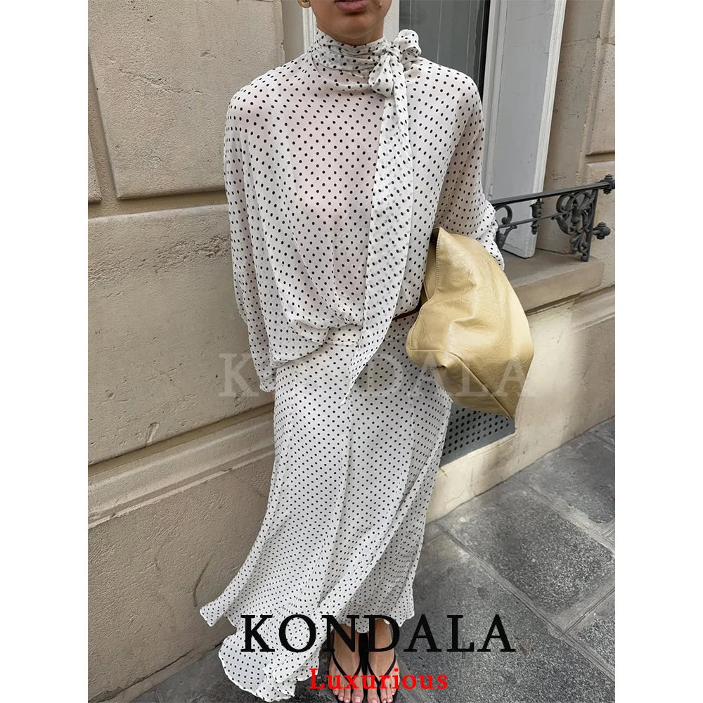 Vintage Polka Dot Women Sets Chiffon Bow Tie Loose Blouses Loose Long Skirts Fashion 2026 Spring Summer Holiday Suits