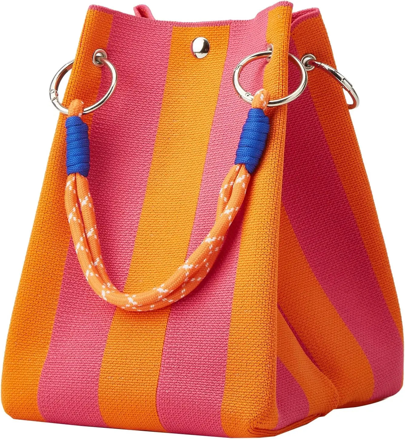 Korean Style Mini Knit Tote Bag Women Striped Crochet Bucket Handbag Lightweight Summer Daily Shoulder Purse For Vacation