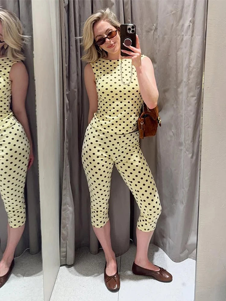 Women Pant Set Polka Dot Backless Sleeveless Crop Top Capri Slimming Pants Sexy Party Two Piece Set Club Fashion Trendy Outfits