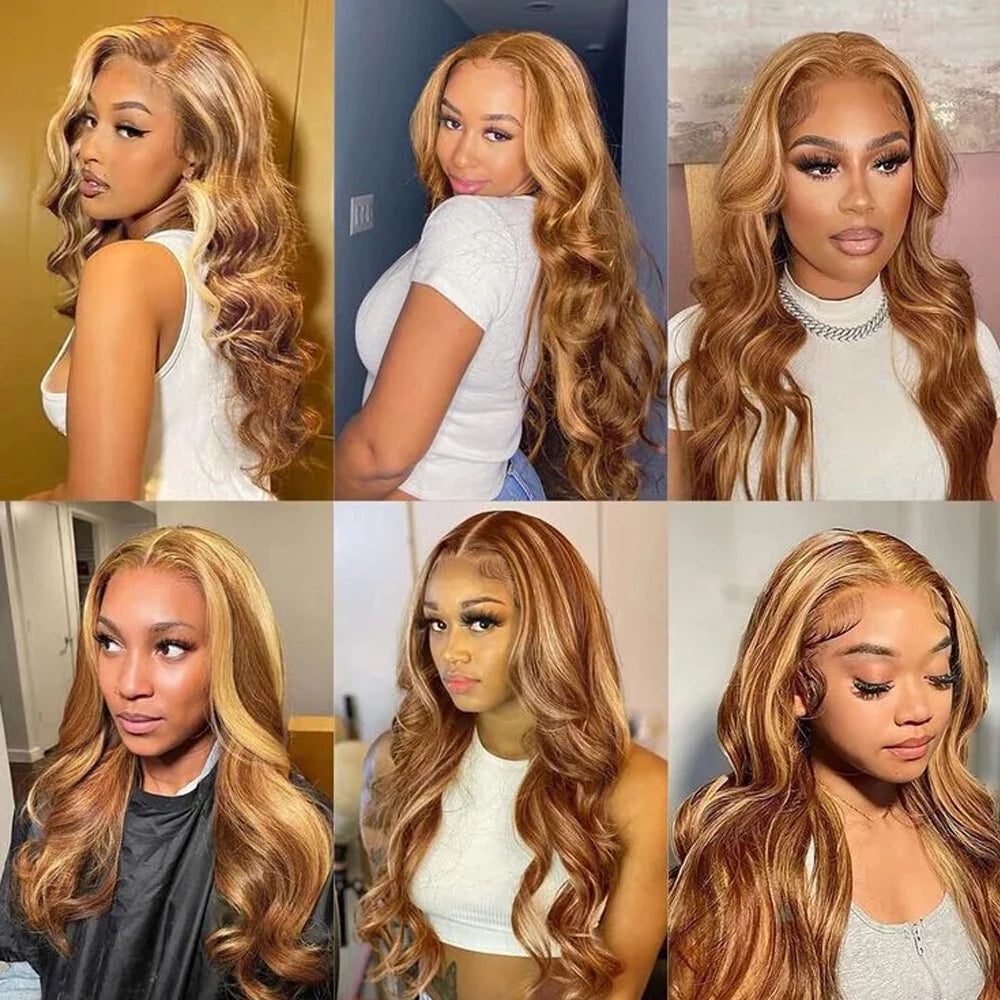 200% Balayage Blonde Highlight 13x6 Lace Front Wig Body Wave Wig Synthetic HD Ombre Honey Blonde Mixed Color Lace Frontal Wig