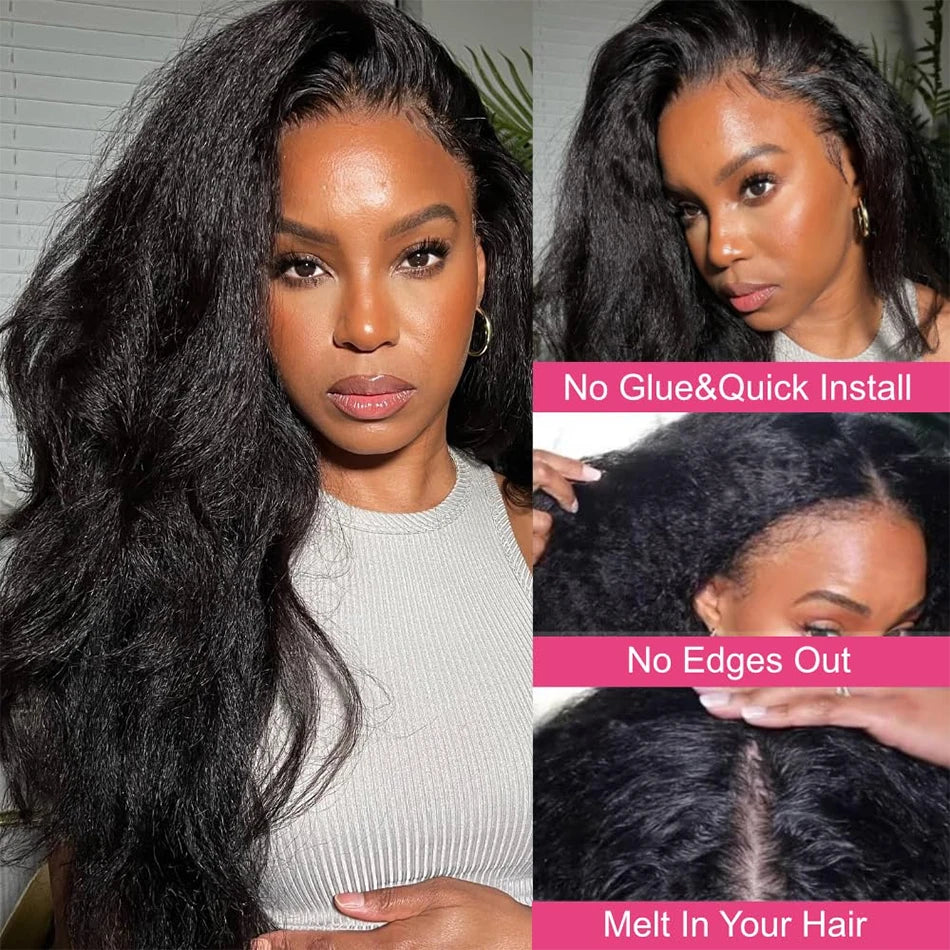 V Part Wigs Human Hair 100% Brazilian Kinky Straight Human Hair Wigs No Leave Out No Sew Glueless 250% Natural Black For Women