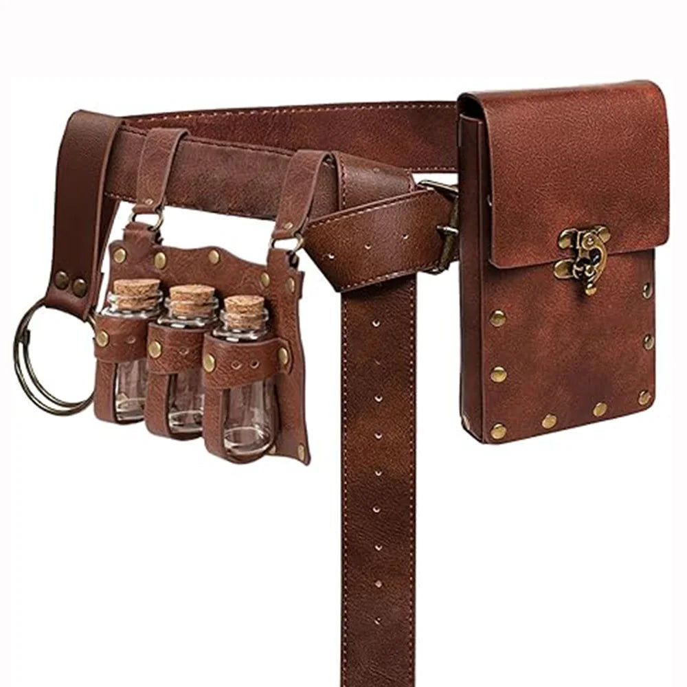 Renaissance Belt Pouch Set with 3 Leather Potion Bottles
