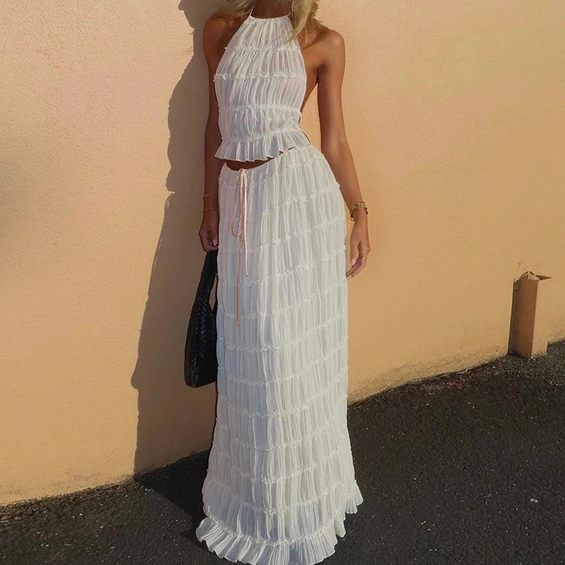 Boho Ruched Halter Cami & Maxi Skirt Set – Backless