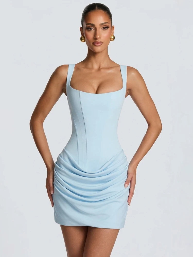 Solid Pleated Square Neck Bodycon Dress