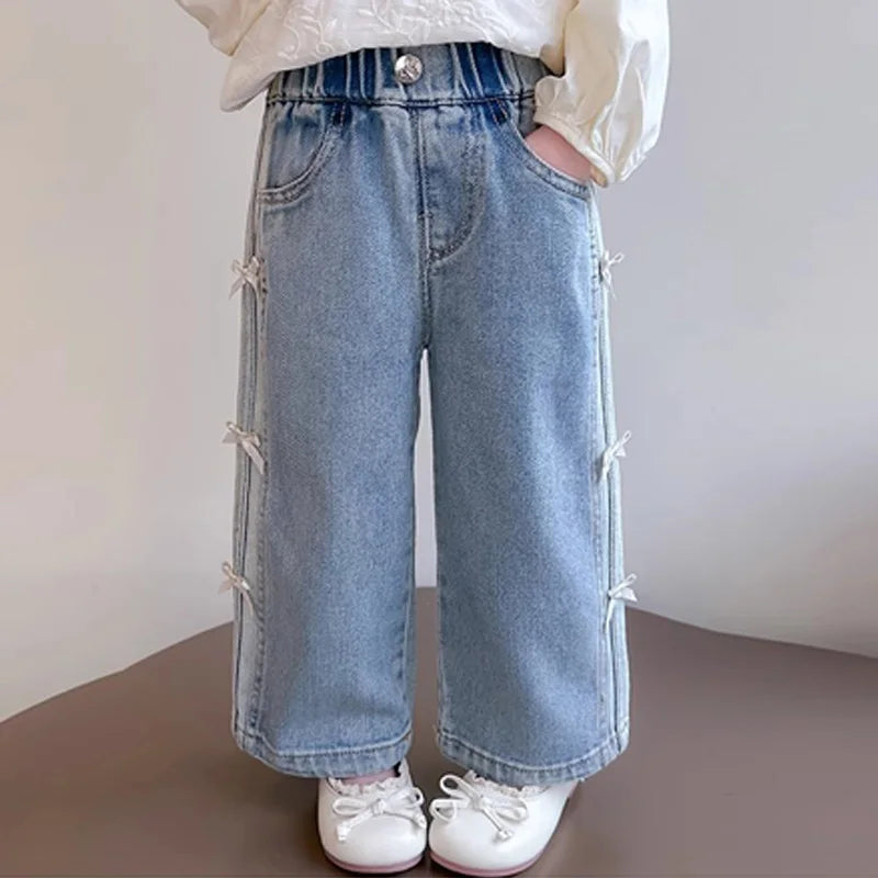 Baby Girls Spring Jeans Kids Summer Bow Denim Pants Children's Straight Wide-leg Trousers Toddler Autumn Loose Clothing 2-8Y