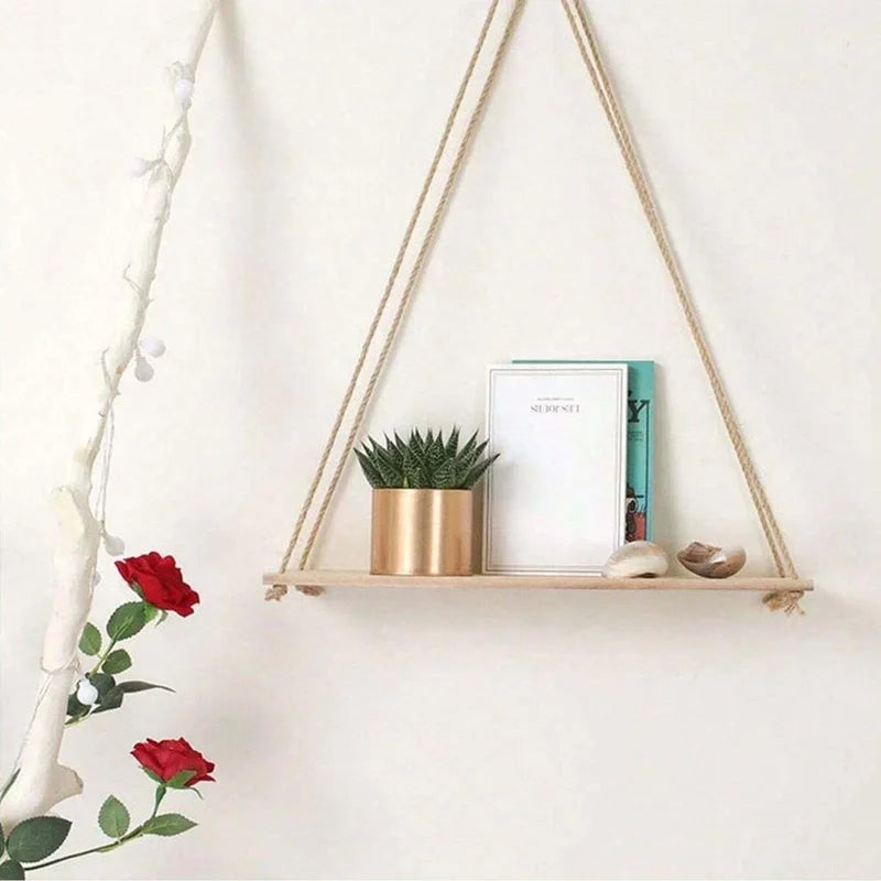 Wooden Hemp Rope Hanging Wall Shelf – Boho Home Decor