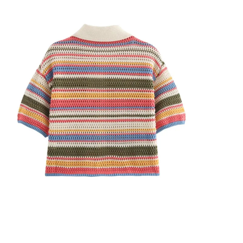 Y2K Crochet Knit Crop Sweater & Shorts Set – Patchwork Stripe