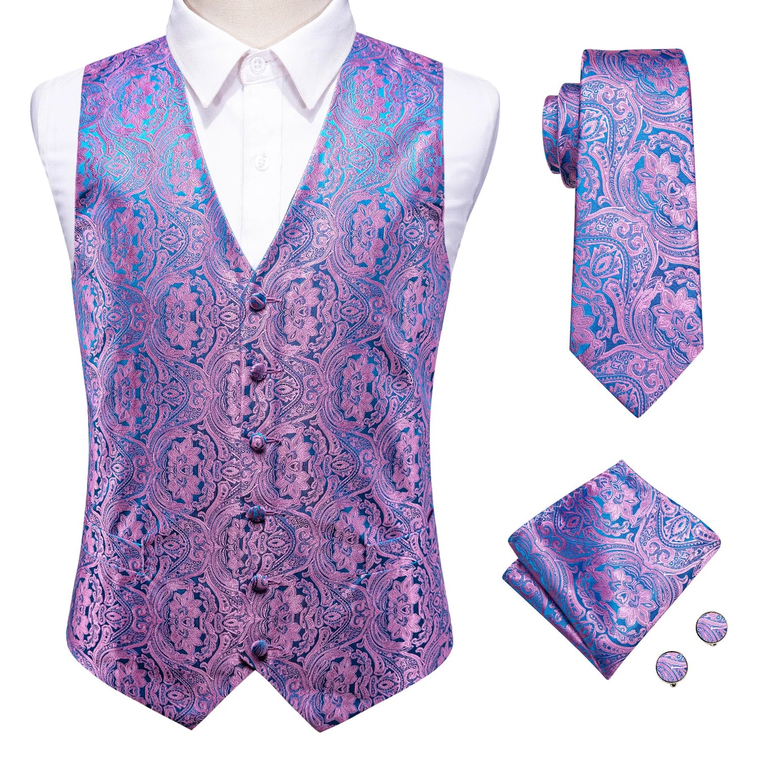 Wedding Purple Men Vest Paisley Floral Necktie Handkerchief Cufflinks Sets Blue Green Red Male Sleeveless V-Neck Waistcoat Party