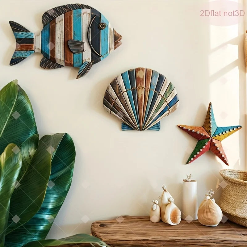 Colorful Wooden Ocean Wall Art Set – Fish, Shells & Starfish