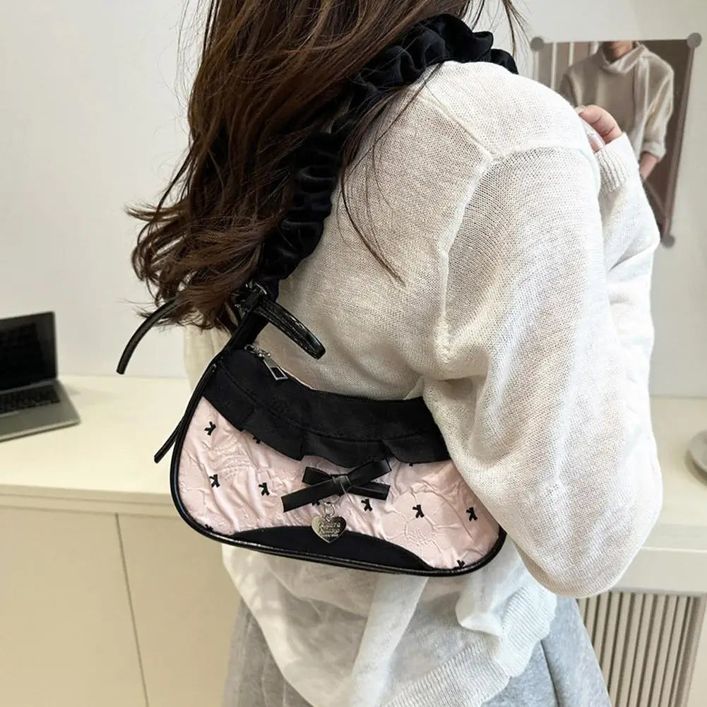 Grid Fabric Shoulder & Underarm Bag – Lace Ribbon Strap