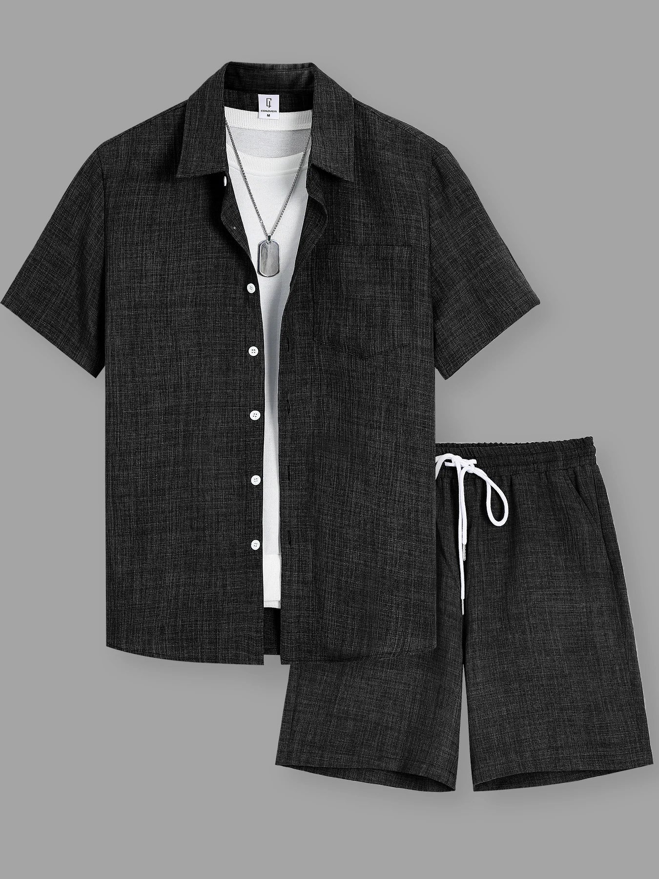 Men's Linen-Texture Lapel Shirt & Shorts Set – 5 Colors