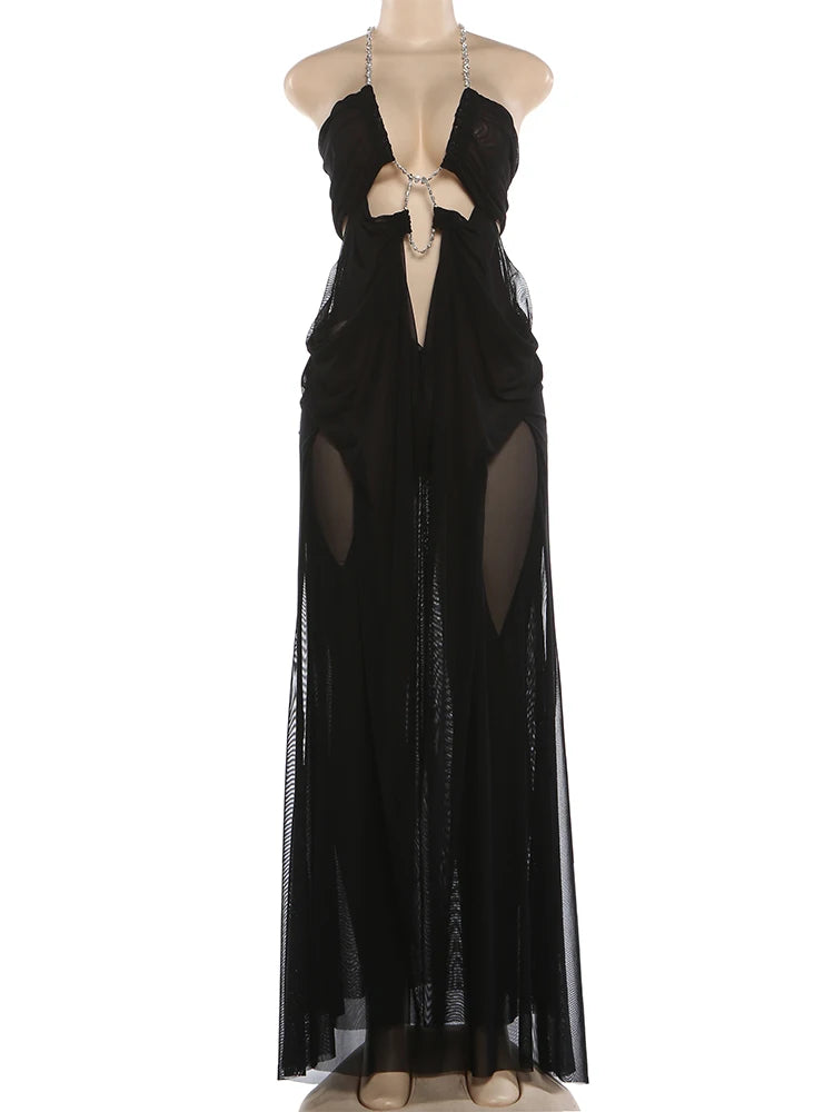 Women's Sheer Chain-Halter Backless Gown