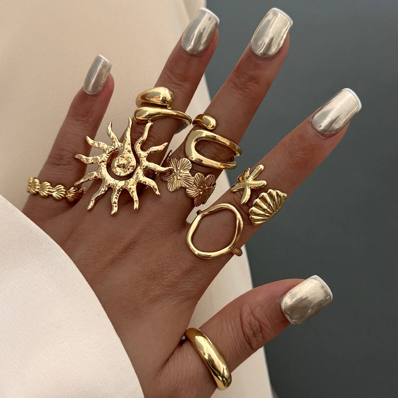 8 Pcs/Set Bohemia Sun Starfish Shell Open Rings for Women Trendy Punk Geometric Gold Color Knuckle Joint Ring Beach Jewelry Gift