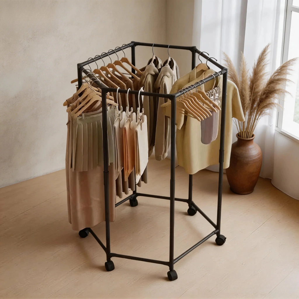 Movable Rotating Clothes Storage Rack Multifunctional Hexagon Organizer Shelf Metal Clothes Drying Rack Coat Hanger With Pulleys