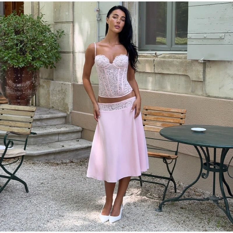 Delicate Lace Corset Cami Skirt Set Slim Fit Sleeveless 2026 Summer Romantic Women Two-Piece Trendy Coquette Causal Lady Outfit