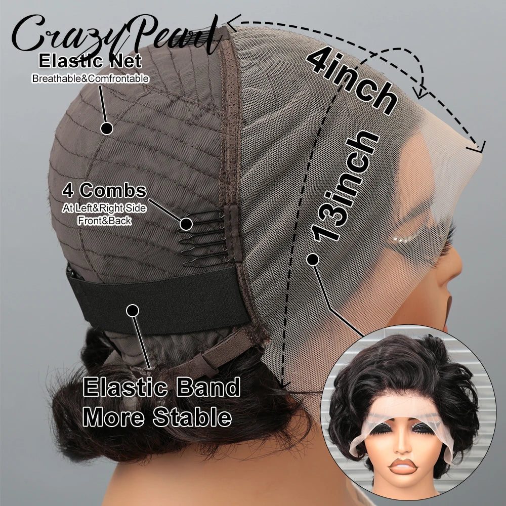 CrazyPearl 13X4 Lace Frontal Wig Pixie Cut Human Hair Short Curly Black Brazilian Remy Hair Natural Hairline for Black Women