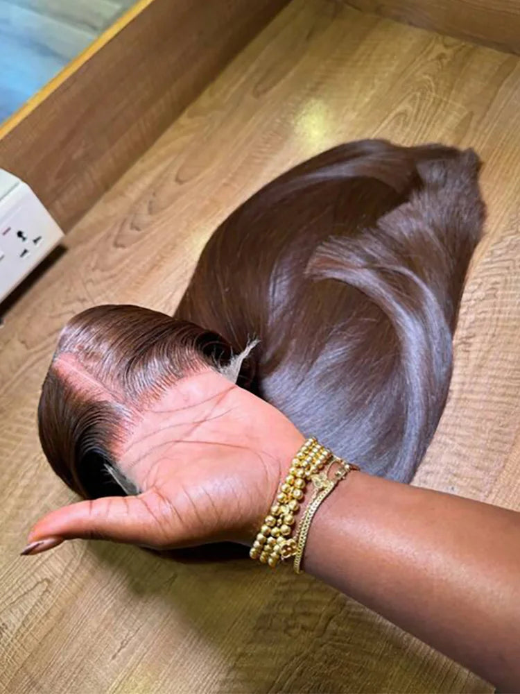 34" Chocolate Brown HD Bone Straight Lace Front Wig