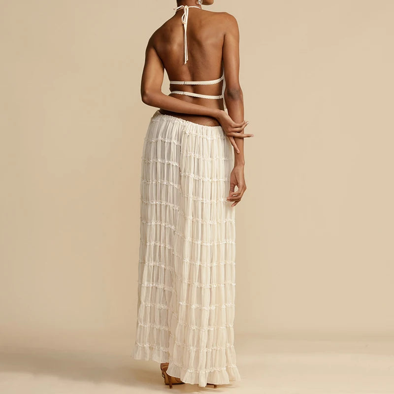 Boho Ruched Halter Cami & Maxi Skirt Set – Backless