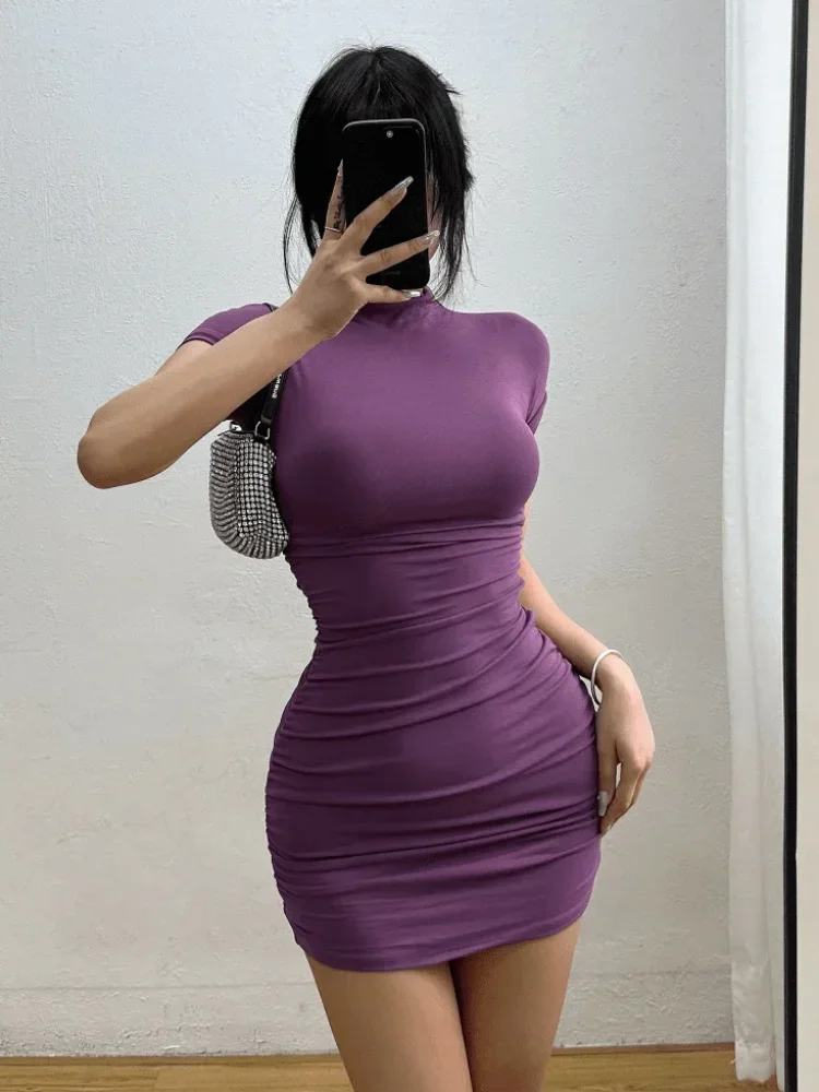Half High Collar Pleated Waist Bodycon Mini Dress