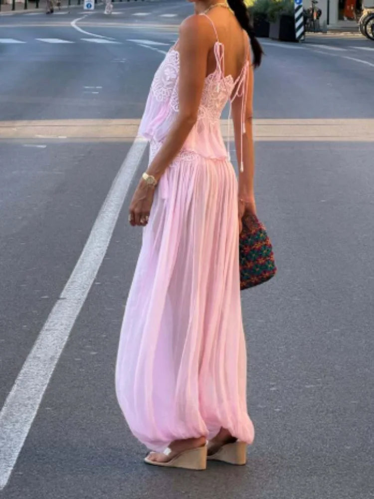 Women Pink Lace Mesh 2 Piece Outfit Straps Floral Cropped Cami High Waist Wide Leg Trousers Set Bohemian Seaside Holiday Suit