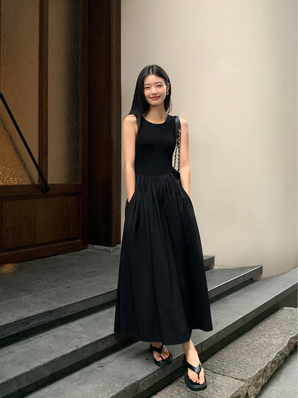 Casual Fashion Slim Clothes Lady Spring Summer Vestido Y2K Women Chic A-Line Midi Dresses Female Bodycon Elegant Black White