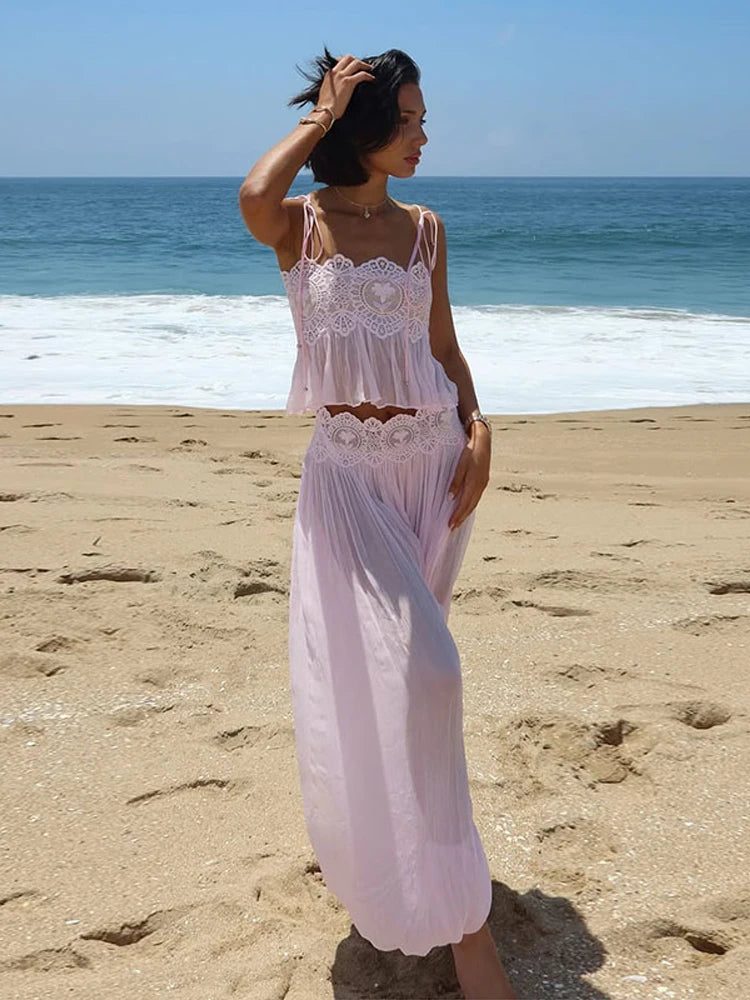 Women Pink Lace Mesh 2 Piece Outfit Straps Floral Cropped Cami High Waist Wide Leg Trousers Set Bohemian Seaside Holiday Suit