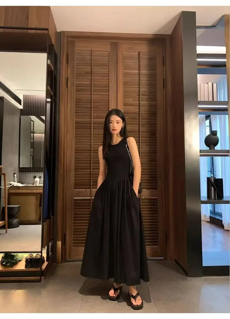 Vintage Black Midi Dress – O-Neck Office Lady with Pockets