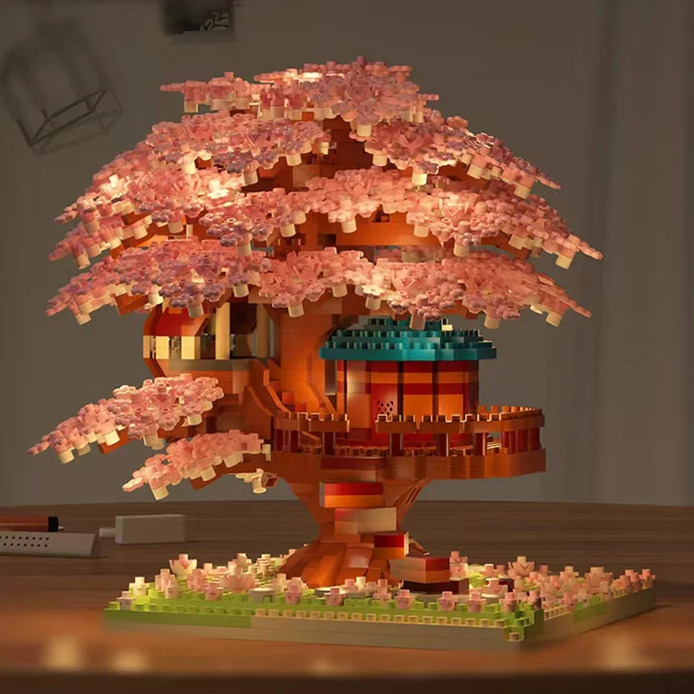 DIY Sakura Cherry Blossom Building Blocks Set with LED Light & Treehouse