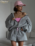 Clacive Fashion Loose Gray 2 Piece Sets Women Outfit 2024 Elegant Long Sleeve Shirt With High Waist Shorts Set Female Streetwear
