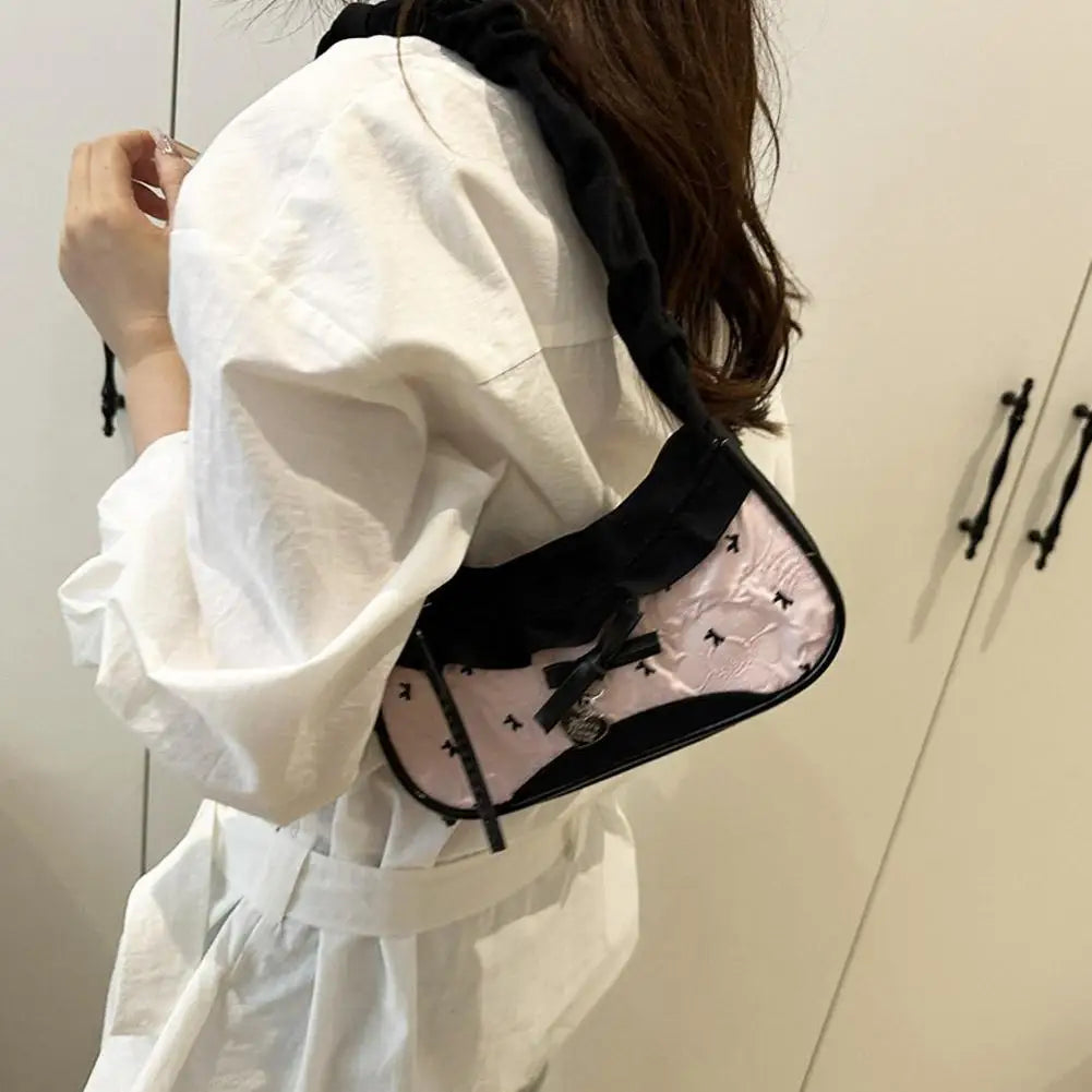 Grid Fabric Shoulder & Underarm Bag – Lace Ribbon Strap