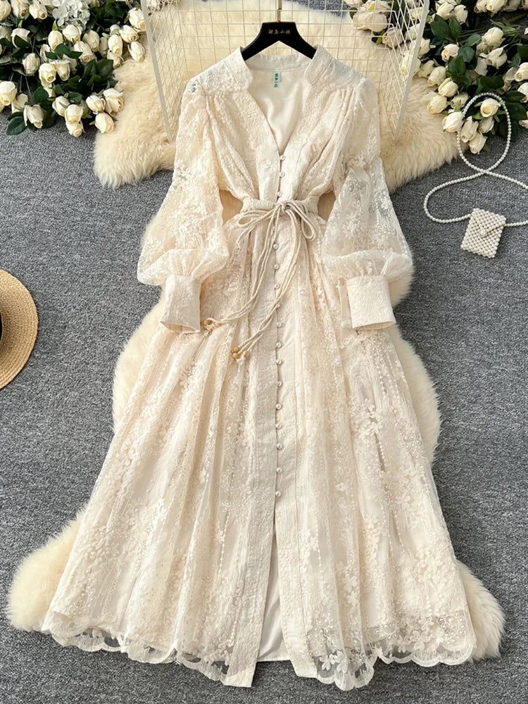 French Lace Embroidery V-Neck Lantern Sleeve Party Dress