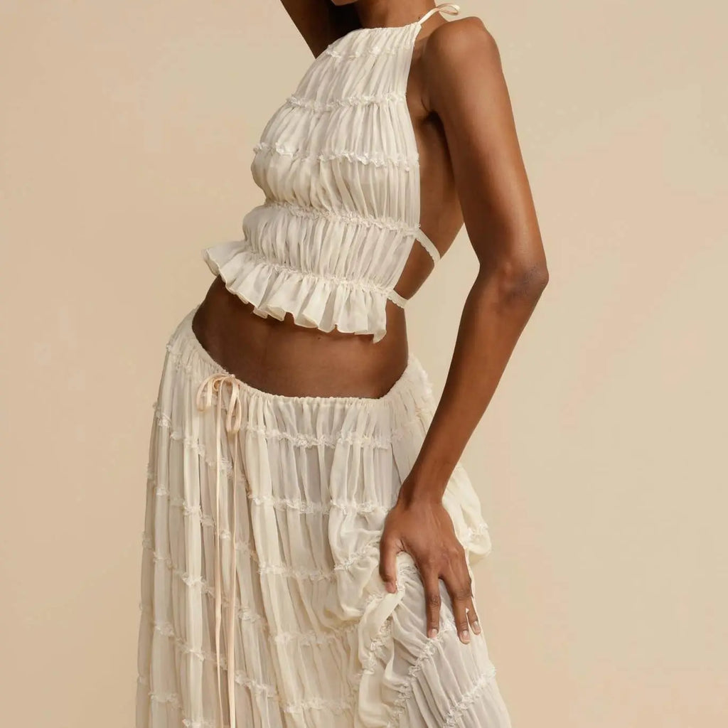 Boho Ruched Halter Cami & Maxi Skirt Set – Backless