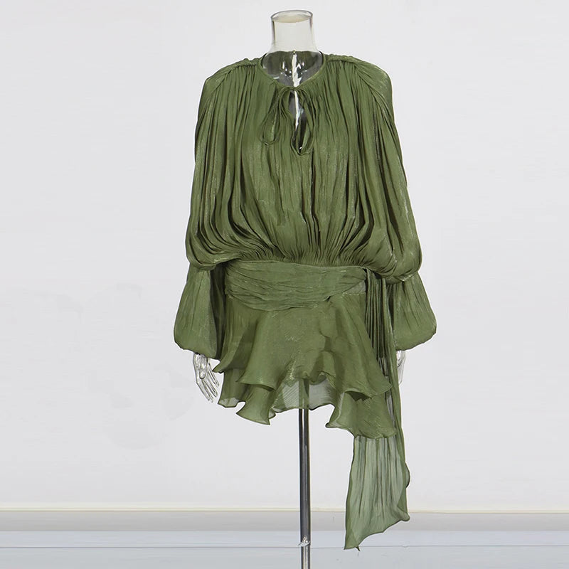 Loose Lace-Up V-Neck Ruffle Tunic Dress – Long Sleeve