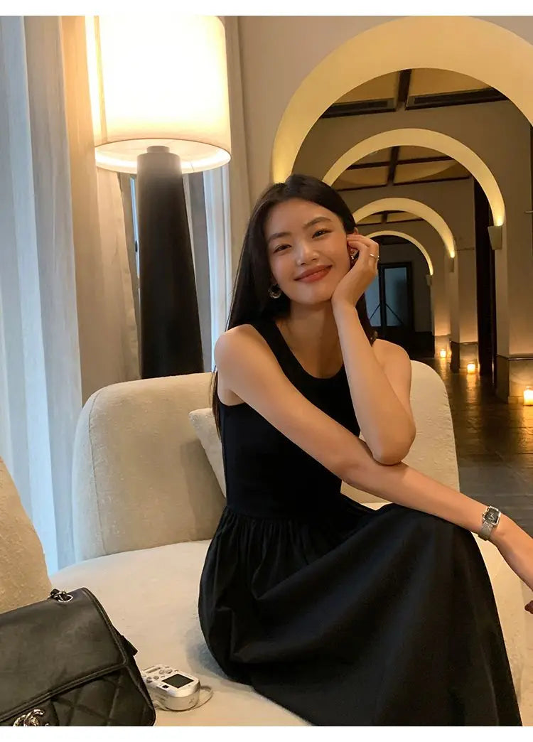 Vintage Black Midi Dress – O-Neck Office Lady with Pockets