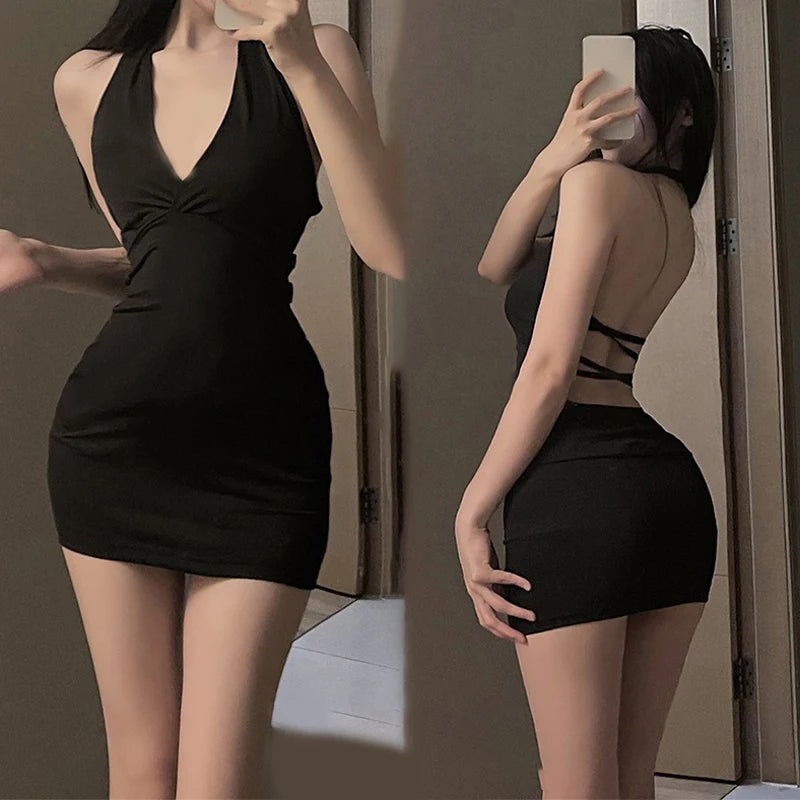 V-Neck Slim Backless Nightclub Mini Dress – One-Piece