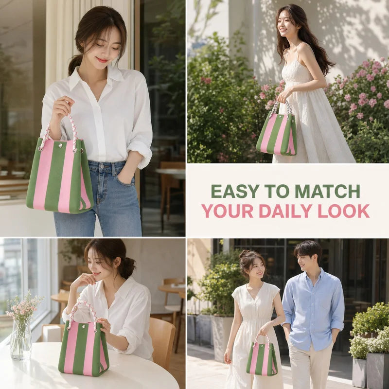 Korean Style Mini Knit Tote Bag Women Striped Crochet Bucket Handbag Lightweight Summer Daily Shoulder Purse For Vacation