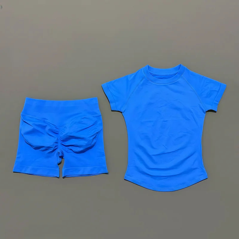 2 Pieces HISTELLO Sports Sets Short Sleeve Seamless Yoga Top Fitness Set Women Workout Running Sports Shorts Gym Suit