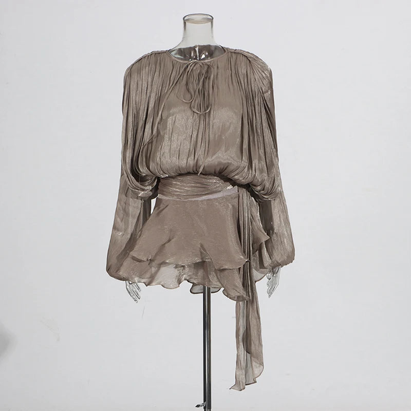 Loose Lace-Up V-Neck Ruffle Tunic Dress – Long Sleeve