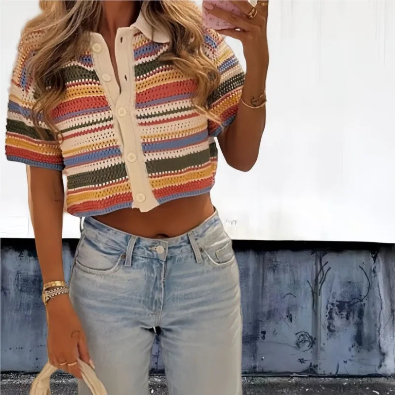 Y2K Crochet Knit Crop Sweater & Shorts Set – Patchwork Stripe