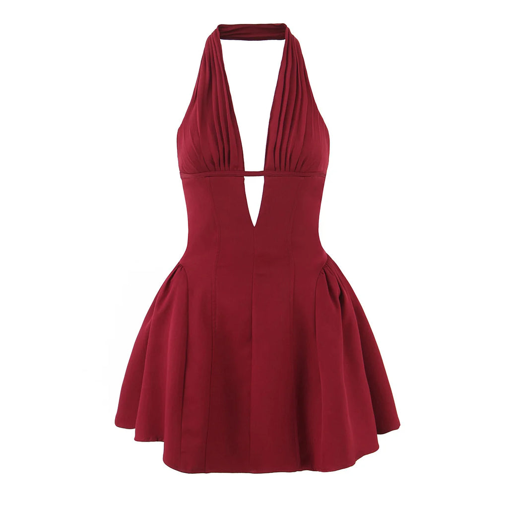 YENKYE French Style Retro Polka Dot Deep V Halter Dress Women Sexy Backless A-line Slim Sweet Elegant Mini Dresses Summer Robe